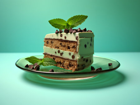 Piece of cake with chocolate and mint on a green background.の素材