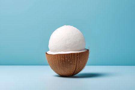 Coconut ice cream in a coconut shell on a blue backgroundの素材