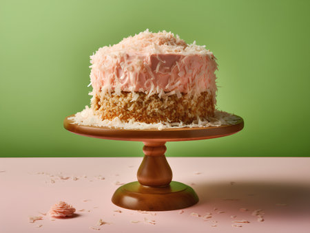 Cake with coconut on a stand on a pink-green backgroundの素材