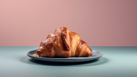Fresh croissant on a plate on a blue table and pink backgroundの素材