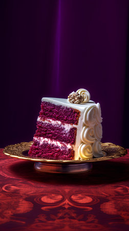 Beautiful red velvet cake with cream on a dark red background.の素材