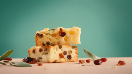 Cheese with raisins and rosemary on a green backgroundの素材