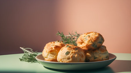 Homemade scones with rosemary in a plate on a green backgroundの素材