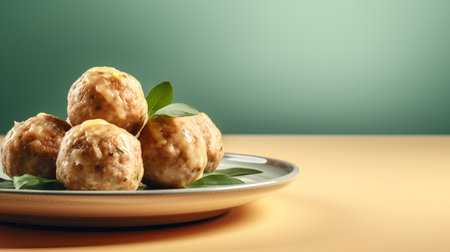 Meatballs on a plate with a green background. Copy space.の素材