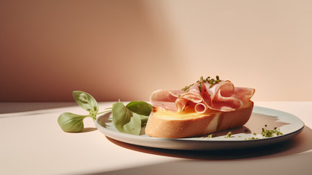 Sandwich with prosciutto and basil on a brown backgroundの素材