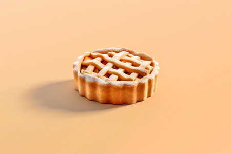 Fruit cake with sugar powder on orange background. 3d renderingの素材