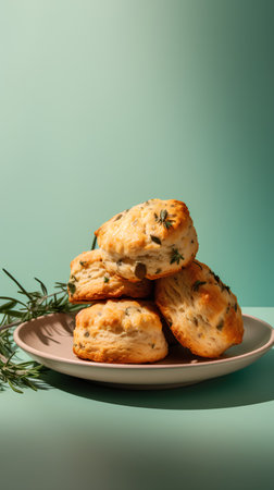 Freshly baked scones with herbs on a plate on a green backgroundの素材