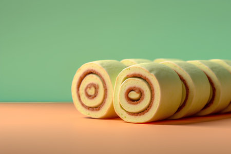 Biscuit roll cake with chocolate filling on orange and green backgroundの素材