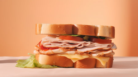 Sandwich with ham, cheese, tomato and lettuce on orange backgroundの素材