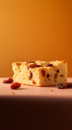 Cake with raisins on a orange background. Copy space.の素材