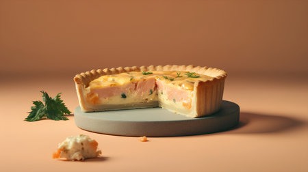 Cheese pie with salmon and herbs. 3d render illustration.の素材