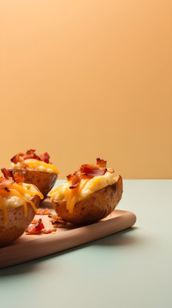Baked potatoes with bacon and cheese on wooden board on blue background.の素材