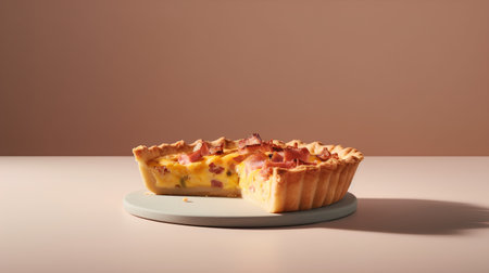 Slice of ham tart on a white plate. 3d renderingの素材