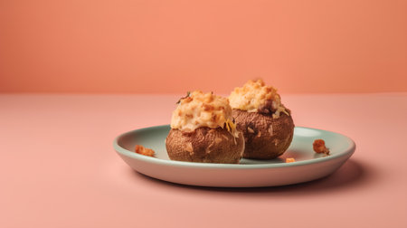 Baked stuffed potatoes with cheese and walnuts on plate on pink backgroundの素材