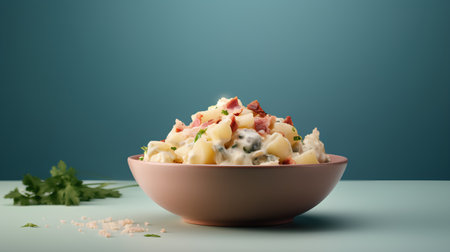 Potato salad with ham and mayonnaise in bowl on blue backgroundの素材