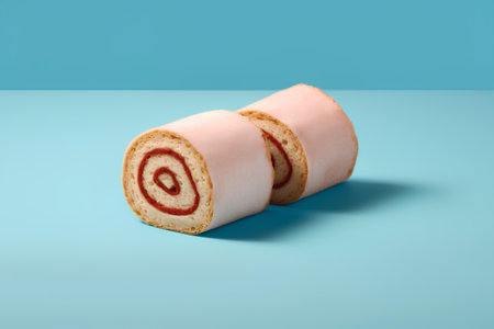 Roll cake on blue background. Minimal food concept. 3d renderの素材