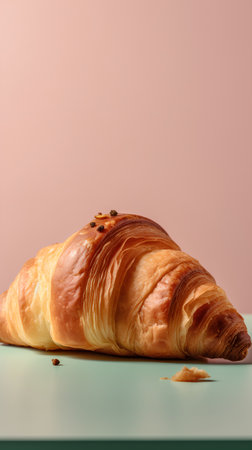 Croissant with chocolate on a blue plate on a pink backgroundの素材