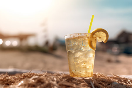 Cocktail with lemon on the beach. Summer vacation concept.の素材