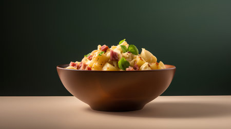 Potato salad with bacon and cheese in a bowl on a dark backgroundの素材
