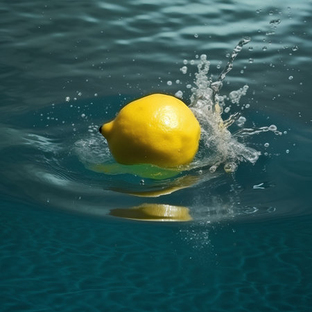 Lemon falling into the water with splashes on a blue backgroundの素材