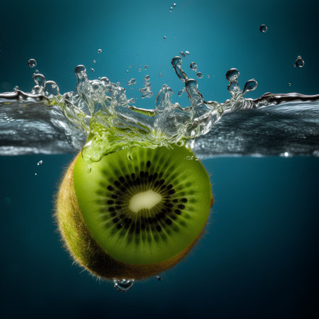 Kiwi fruit splashing into water on a blue background.の素材