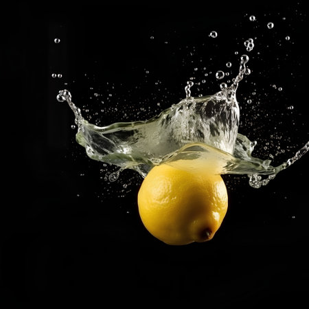 Lemon falling into water with a splash on a black background.の素材