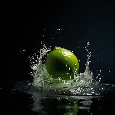 Lime with water splash isolated on black background. Studio shot.の素材