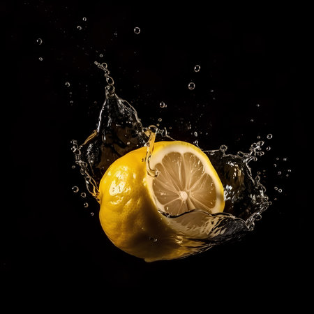 Lemon with water splash isolated on black background. Studio shot.の素材