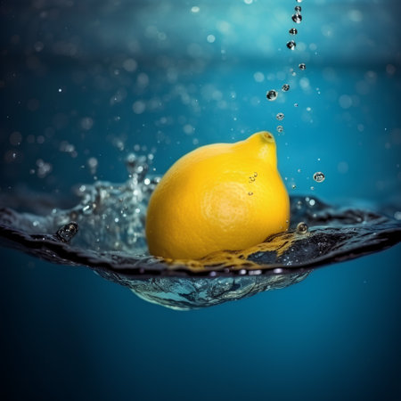 Lemon falling into water with splash and water drops on blue backgroundの素材