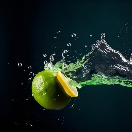 Fresh lime dropped into water with splash on dark background. Close-up.の素材