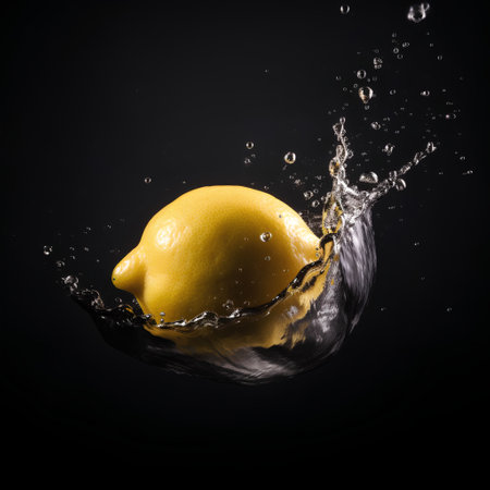 Fresh lemon falling into water with splash on black background. Creative concept.の素材