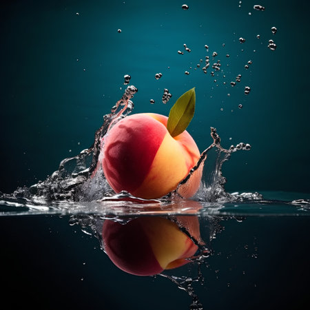 Fresh peach with water splash on dark blue background. Food concept.の素材