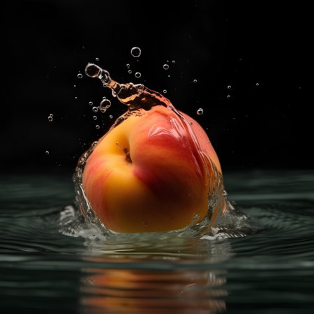 Fresh apricot falling into water with splash, isolated on blackの素材