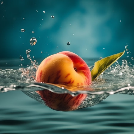 Fresh peach falling into water with splash and leaves on blue background.の素材