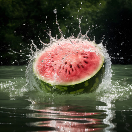 Watermelon with water splashes on water surface, close-upの素材