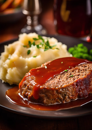 Meatloaf with mashed potatoes on a plate. Selective focus.の素材