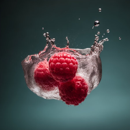 Raspberries in water splash on blue background. 3d illustrationの素材