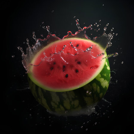 Watermelon with splashes and drops on black background. 3d illustrationの素材