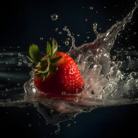 Strawberry falling into water with splash and drops on dark backgroundの素材