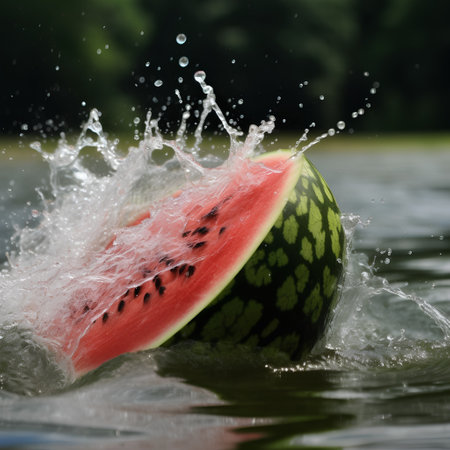 Watermelon with water splashes on a background of green trees.の素材
