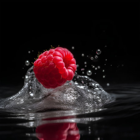 Raspberry splashing into the water on a black background with copy spaceの素材