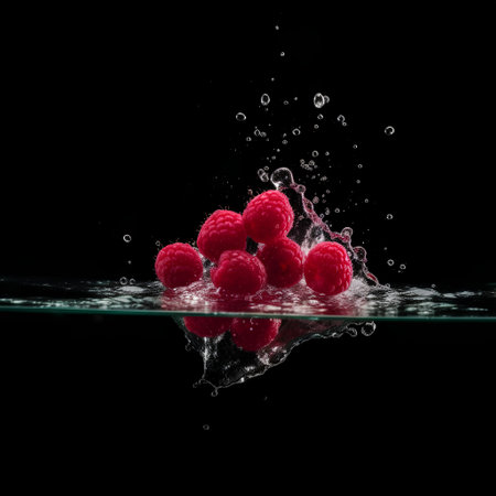 Raspberries falling into water with splash, isolated on black backgroundの素材