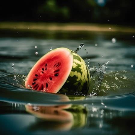 Watermelon in the water with splashes on a dark background.の素材