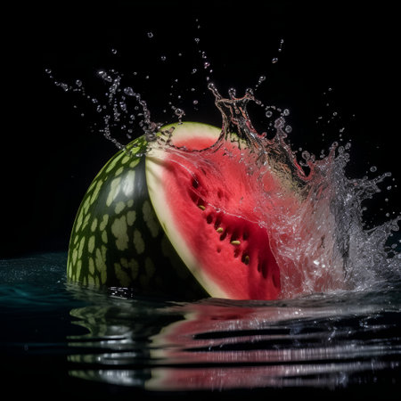Watermelon in water splashes on a black background. Copy space.の素材
