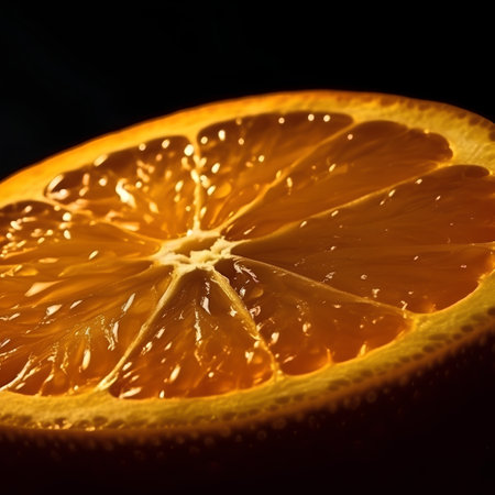 Close up of a slice of orange on a black background. Shallow DOF.の素材