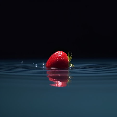Strawberry falling into the water with ripples on a dark backgroundの素材