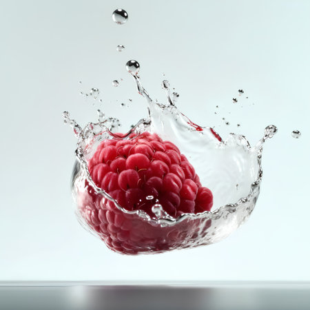 Raspberry in water splash, isolated on white background. 3d illustrationの素材
