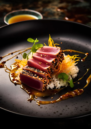 Tuna sashimi with rice and sauce on black plate.の素材