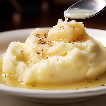 Mashed potato with butter on a white plate. Shallow dof.の素材