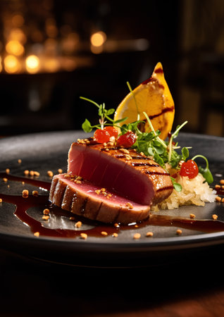 Tuna steak with rice and sauce on a black plate in a restaurantの素材